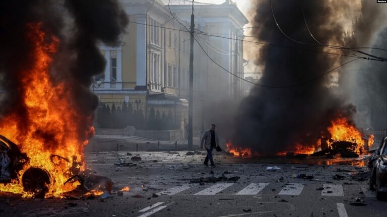 Aftermath of a Russian artillery attack upon Ukraine.