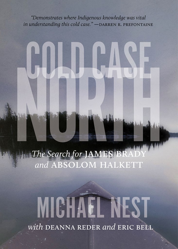 Black and white cover image for Cold Case North showing a northern lake with pine trees in the background. 