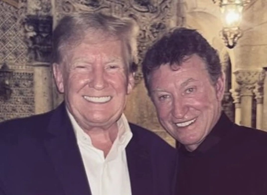 Close up colour photo of Donald Trump and Wayne Gretzky at victory party celebrating Trump's win as U.S. president in November 2024 