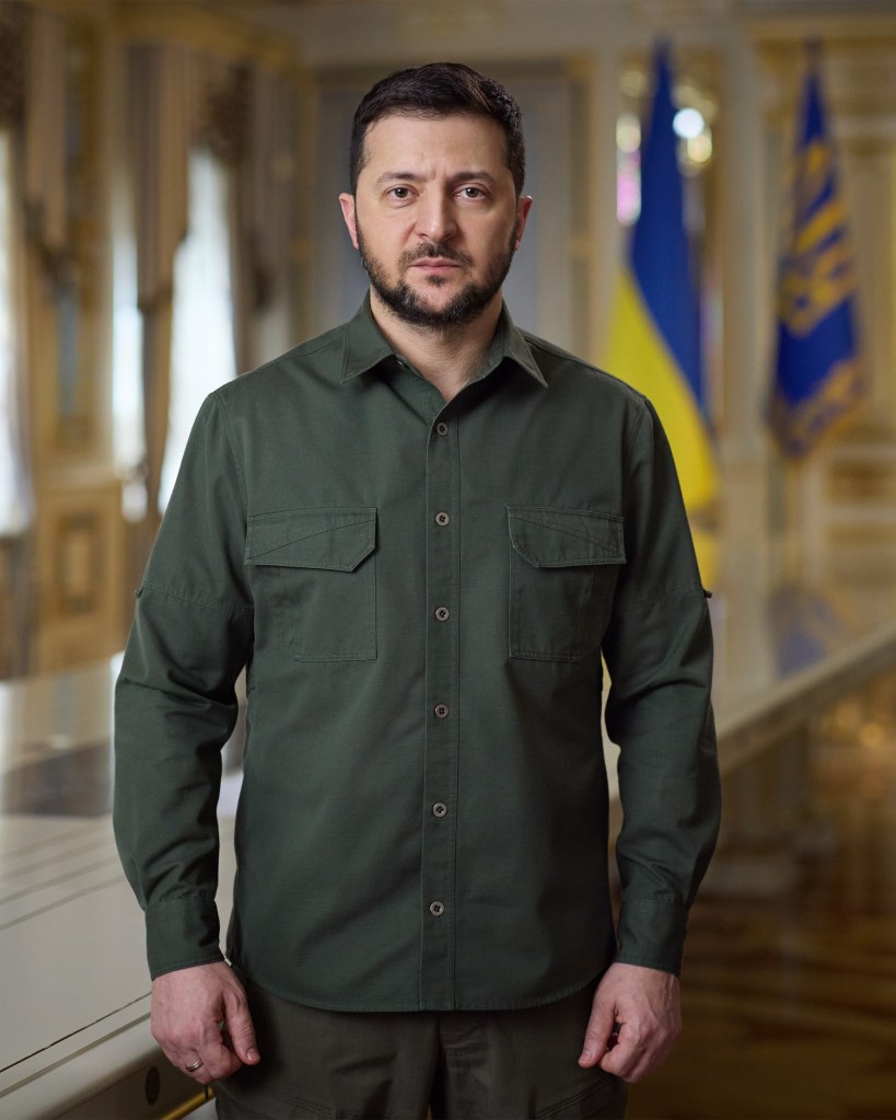 Photo of Ukrainian president Volodymyr Zelensky wearing green fatigues